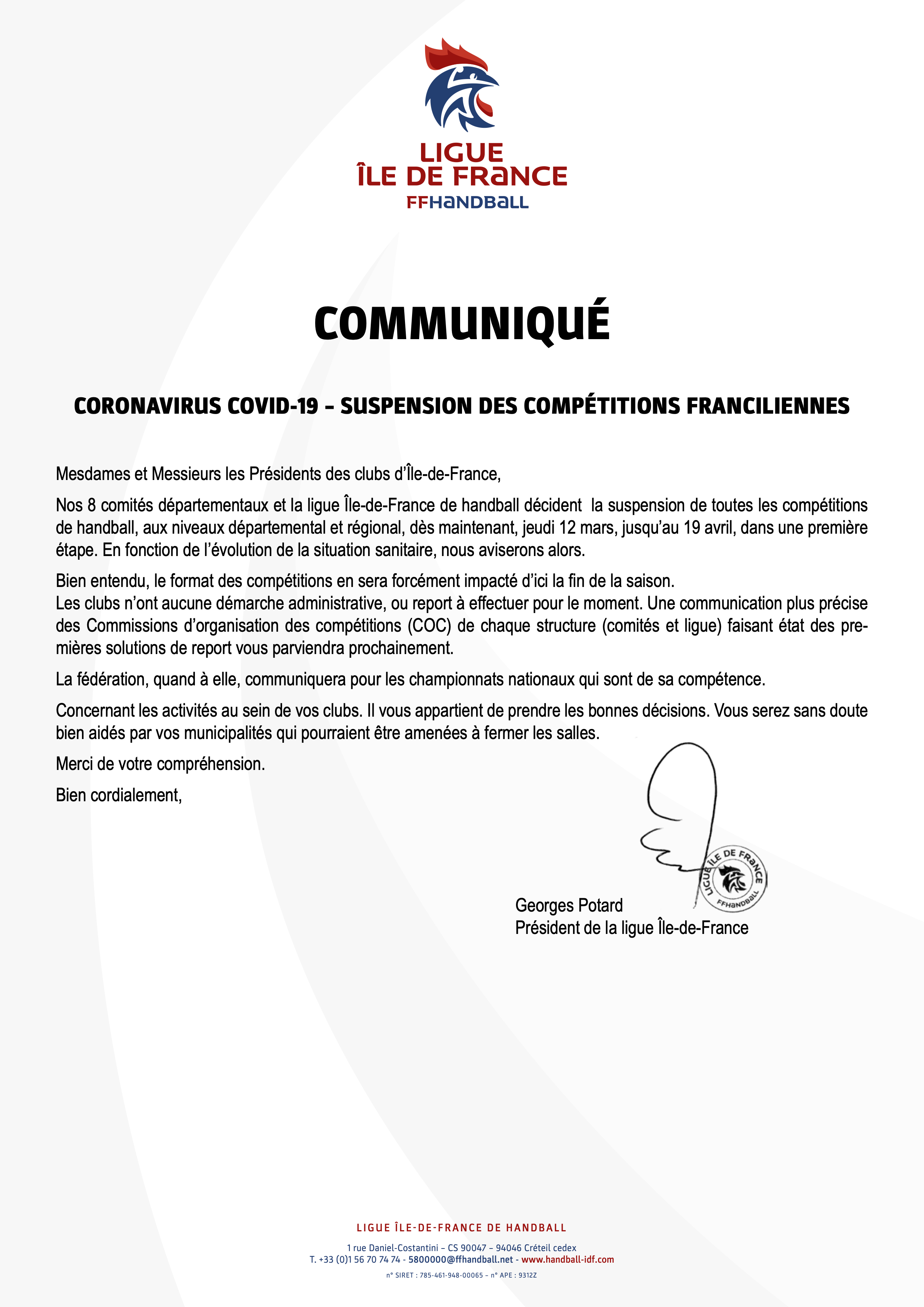 LigueIDF communique suspension championnats