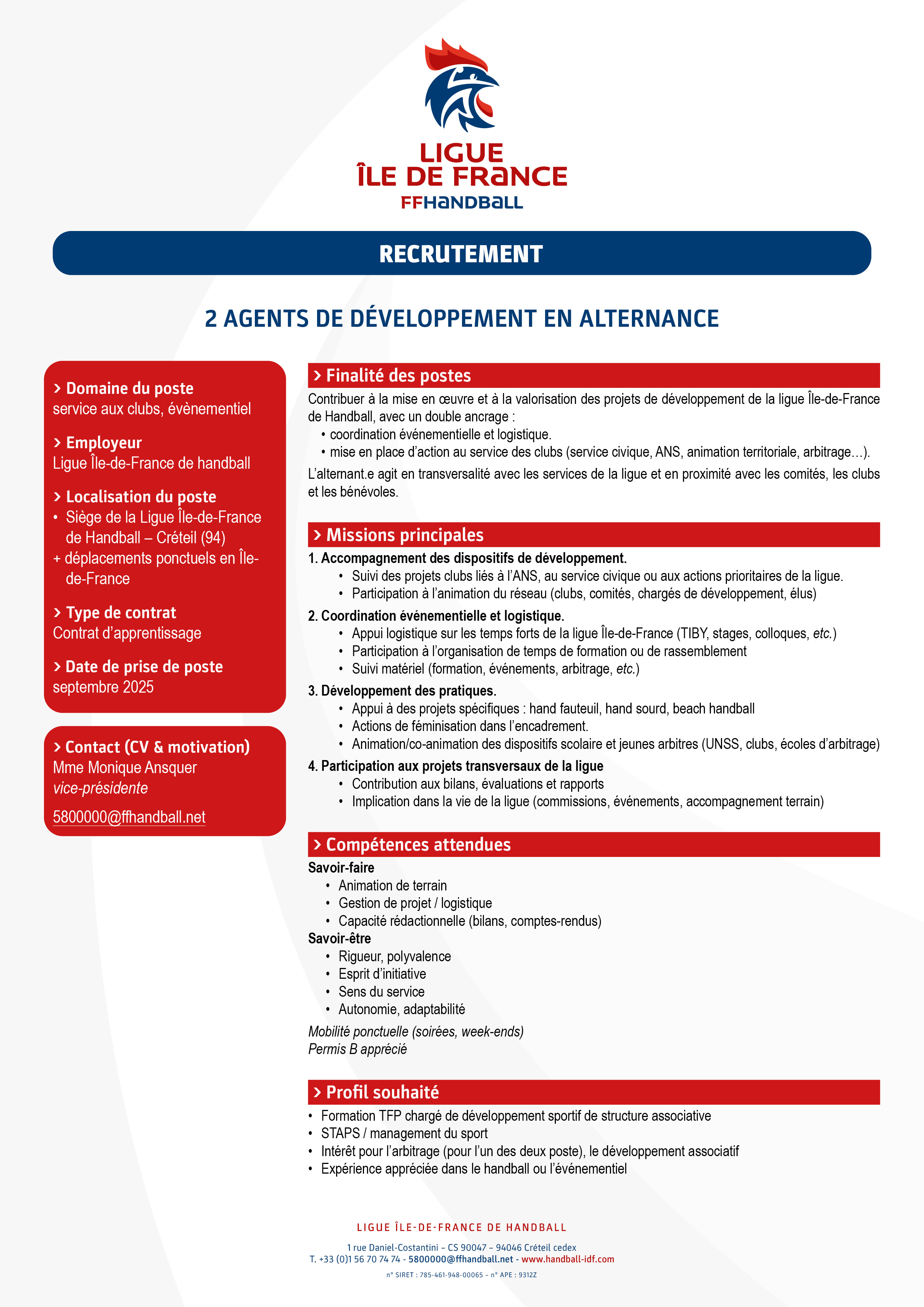 ligueIDF fiche de poste alternant developpement 2025