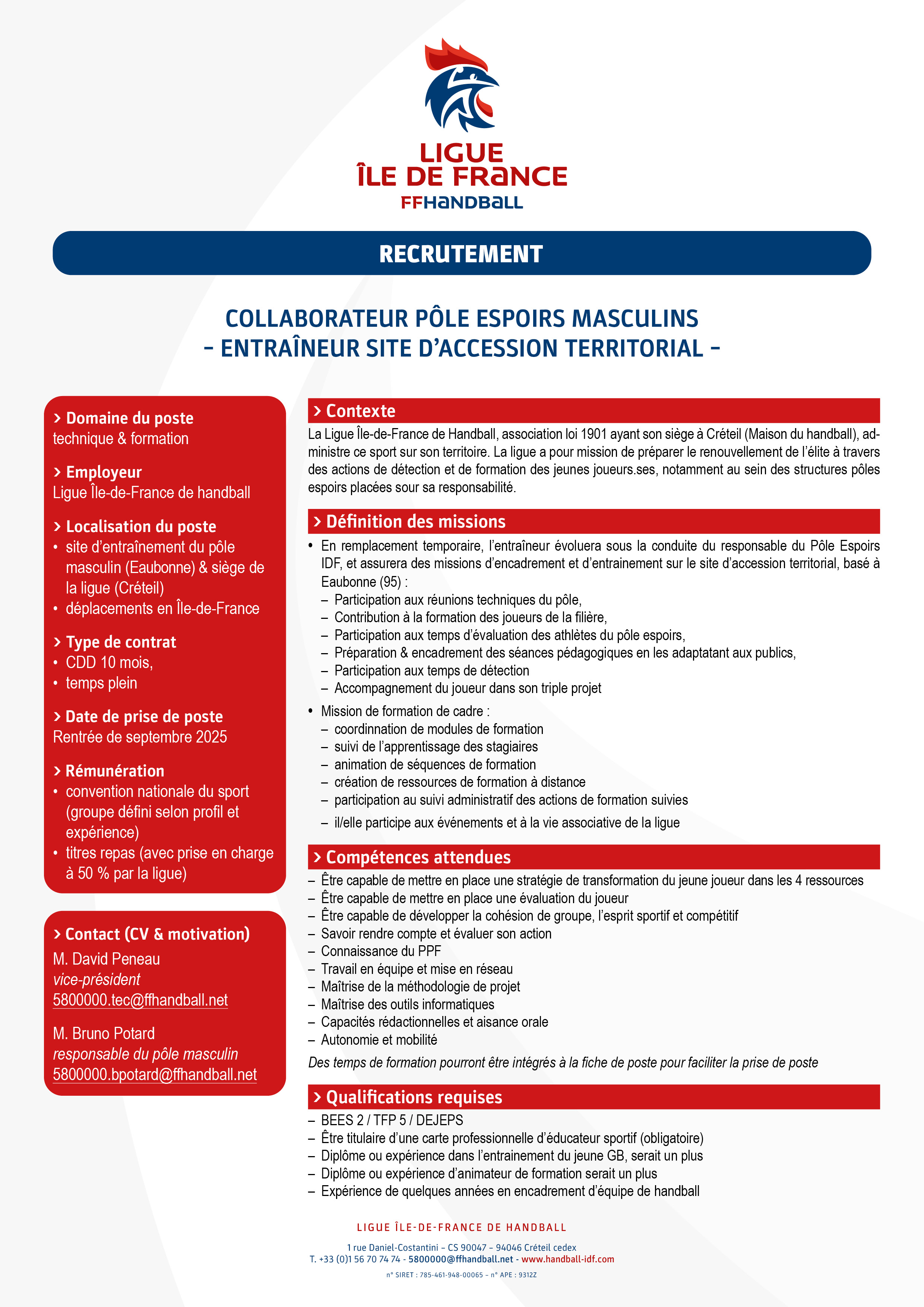 ligueIDF fiche de poste prepa physique 3e 2025