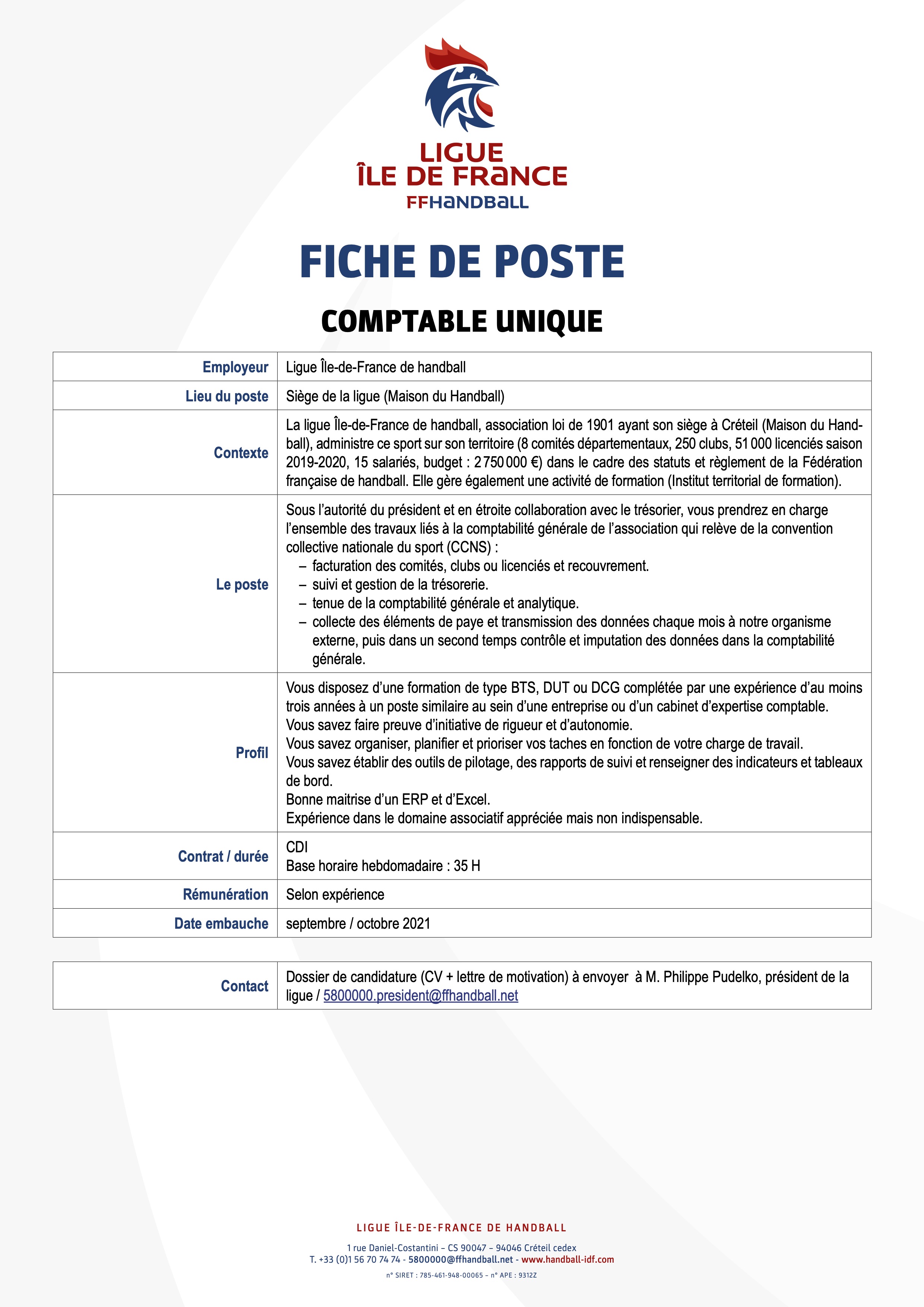 ligueIDF fiche de poste Comptable unique 2021